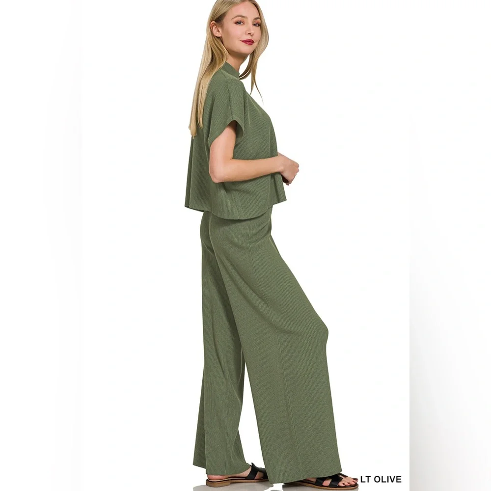 NEW Zenana Ribbed Olive Green Matching Set Top & High-Rise Pants Size Large